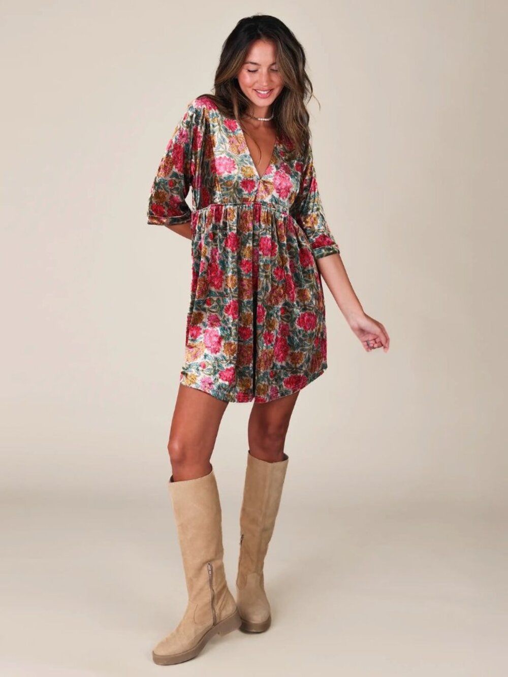Natural Life Stella Velvet Mini Dress in Pink Vintage Floral